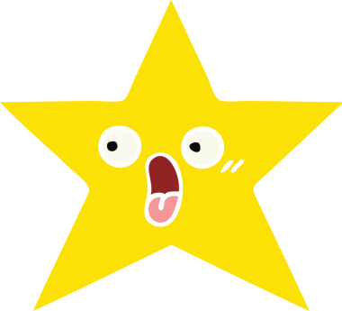 Bir insan tarafından çizilmiş altın yıldızın düz renkli retro karikatürü