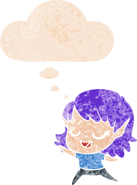 Kartondan mutlu elf kızı, bir insan tarafından çizilmiş dertli eski moda bir grunge içinde düşünce balonuyla dans ediyor.