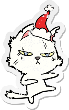 Sert el çizilmiş kedinin insan tarafından çizilmiş Noel Baba şapkası giymiş bir çıkartması.