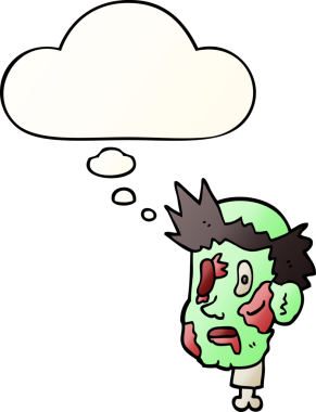 Düşünce baloncuklu çizgi film zombisi kafası bir insan tarafından çizilmiş.