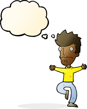 Bir insan tarafından çizilmiş düşünce baloncuğu olan korkmuş bir adam.