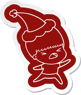 Bir insan tarafından çizilmiş Noel Baba şapkası giyen stresli bir adamın garip çizgi film çıkartması.