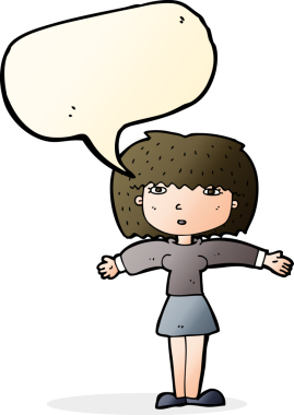 Bir insan tarafından çizilmiş konuşma baloncuğuyla omuz silken çizgi film kadını.