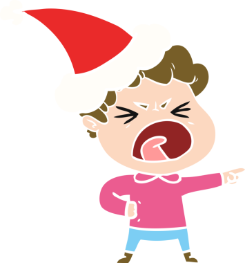 Bir insan tarafından çizilmiş Noel Baba şapkası giyen öfkeli bir adamın düz renkli çizimi.