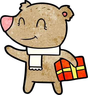 Bir insan tarafından çizilmiş Noel hediyesi ve eşarbı olan dost bir ayı.