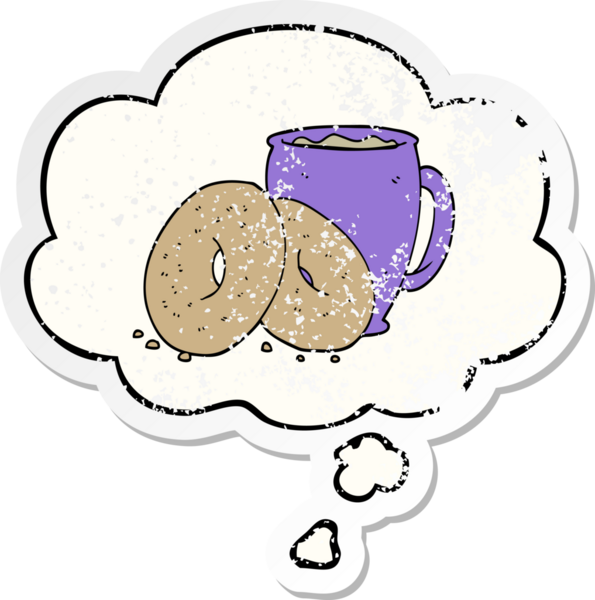 Düşünce baloncuklu çizgi film kahvesi ve çörekler insan tarafından çizilmiş yıpranmış bir çıkartma gibi.