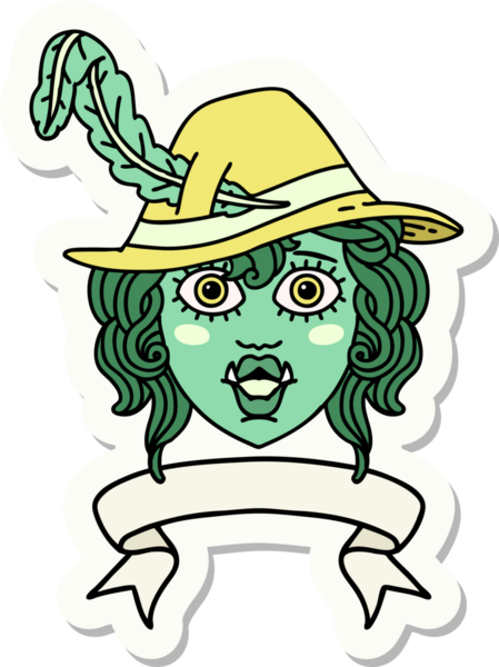 Bir insan tarafından çizilmiş afişi olan bir ork ozan karakterinin çıkartması