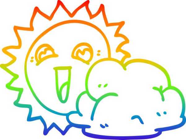 Çizgi film güneşi ve bir insan tarafından çizilen bulutun çizimi.