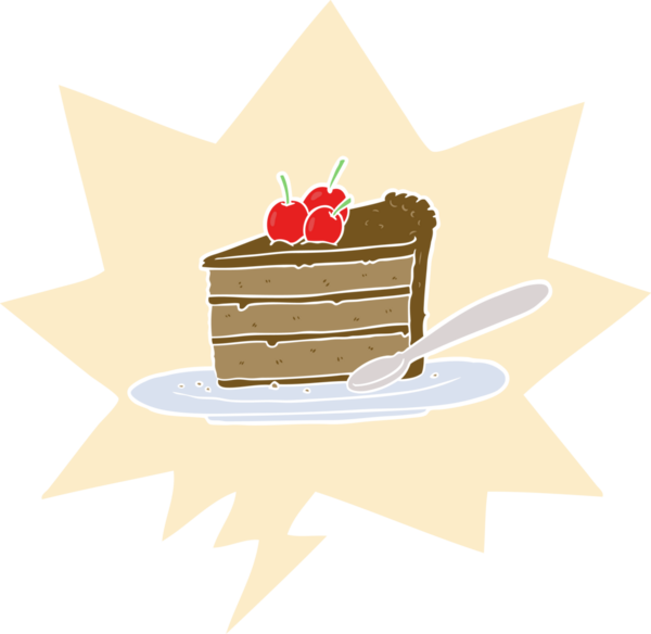 Bir insan tarafından çizilmiş, içinde retro tarzı konuşma balonu olan bir dilim çikolatalı pasta.