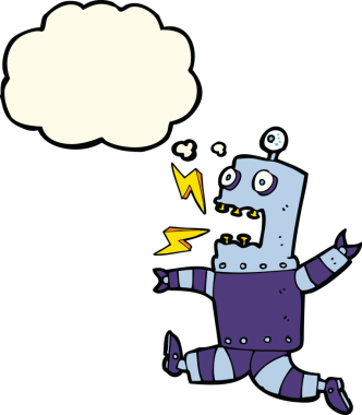 Bir insan tarafından çizilmiş düşünce baloncuklu korkmuş robot çizgi filmi.