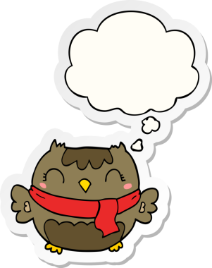 Bir insan tarafından çizilmiş bir çıkartma olarak düşünce baloncuğu olan sevimli çizgi film baykuşu.