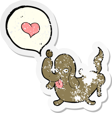 Bir insan tarafından çizilmiş aşk dolu kalbi olan çizgi film bir köpeğin gerilimli çıkartması.