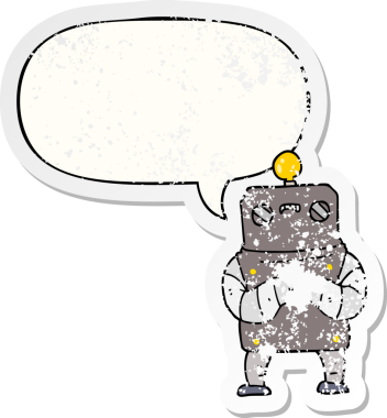 Konuşma baloncuğu olan karikatür robotu bir insan tarafından çizilmiş sıkıntılı eski bir çıkartma