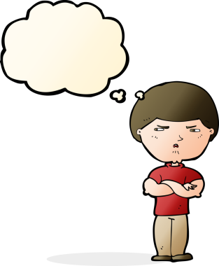 Bir insan tarafından çizilmiş düşünce kabarcığı olan huysuz bir çizgi film karakteri.