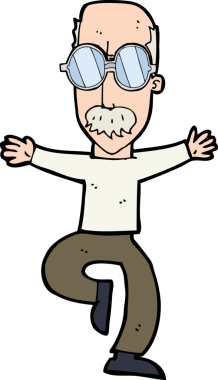 Bir insan tarafından çizilmiş büyük gözlüklü yaşlı adam çizgi filmi.