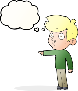 Bir insan tarafından çizilmiş düşünce kabarcığı olan çizgi film çocuğu.