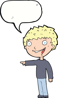 Bir insan tarafından çizilmiş konuşma balonuyla gülen mutlu çocuk çizgi filmi.