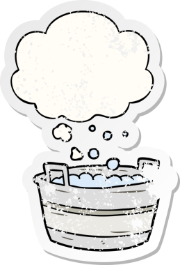 Düşünce baloncuğu olan eski bir çizgi film, insan tarafından çizilmiş yıpranmış bir çıkartma.