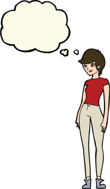 Bir insan tarafından çizilmiş düşünce baloncuğu olan modern çekici bir kadın.