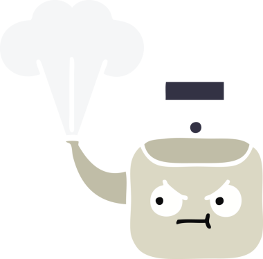 Bir insan tarafından çizilen dumanı tüten bir çaydanlığın düz renkli retro karikatürü