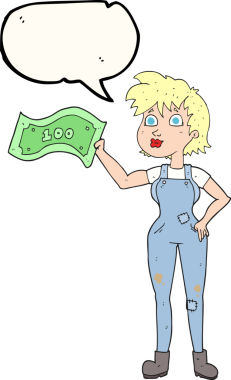 Serbest konuşma balonu karikatürü. Kendine güveni olan bir çiftçi kadın. Bir insan tarafından çekilen para.