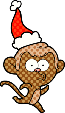 Bir insan tarafından çizilmiş Noel Baba şapkası giymiş sürpriz bir maymunun el çizimi çizgi roman çizimi.