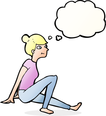 Bir insan tarafından çizilmiş düşünce baloncuğuyla oturan çizgi film kadını.