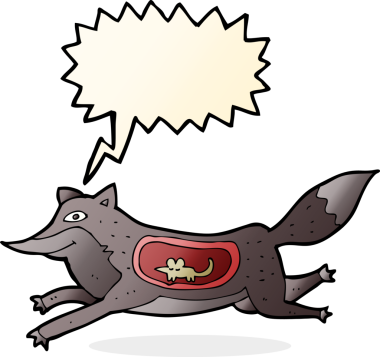 Bir insan tarafından çizilmiş, midesinde fare olan çizgi film kurdu.