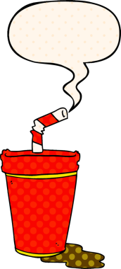 Bir insan tarafından çizilmiş çizgi roman tarzında konuşma baloncuğu olan karikatür soda bardağı.