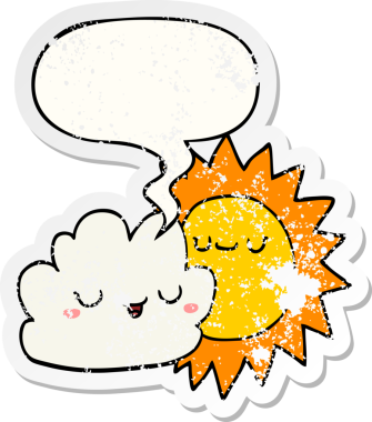 Bir insan tarafından çizilmiş, sıkıntılı, eski bir çıkartma, konuşma baloncuğu olan karton güneş ve bulut.