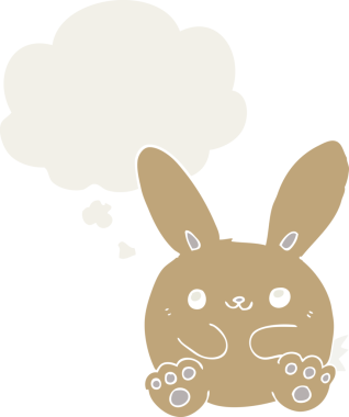 Düşünce baloncuklu çizgi film tavşanı insan tarafından çizilmiş.