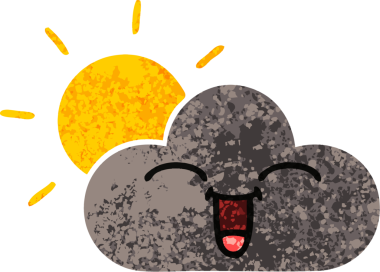 Bir insan tarafından çizilmiş fırtına bulutu ve güneşin retro çizim tarzı karikatürü.