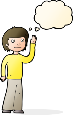 Bir insan tarafından çizilmiş düşünce baloncuğuyla el sallayan çizgi film dostu çocuk.