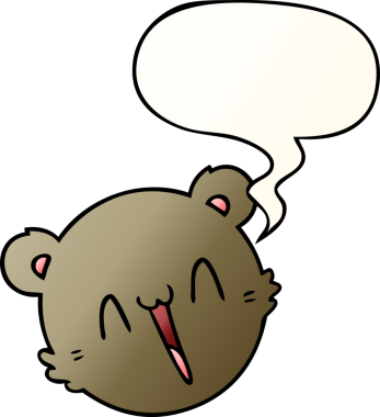 Bir insan tarafından çizilmiş yumuşak eğimli konuşma baloncuğu ile sevimli oyuncak ayı yüzlü çizgi film.