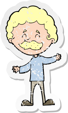 Bir insan tarafından çizilmiş bıyıklı mutlu bir adamın karikatür yapıştırması.