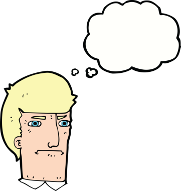 Bir insan tarafından çizilmiş düşünce baloncuğuyla gözlerini kısarak bakan çizgi film adamı.