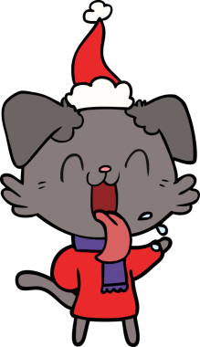 Bir insan tarafından çizilmiş Noel Baba şapkası giymiş nefes nefese bir köpeğin çizimi.