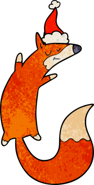 Bir insan tarafından çizilmiş Noel Baba şapkası giymiş zıplayan bir tilkinin el çizimi karikatürü.