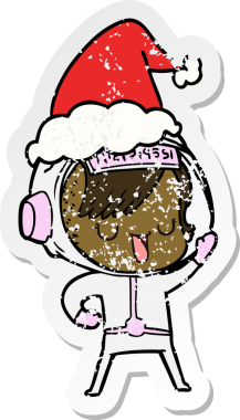 Bir insan tarafından çizilmiş Noel Baba şapkası giyen astronot bir kadının çizilmiş el yazısı.