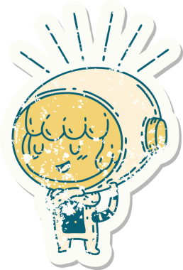 Bir insan tarafından çizilmiş astronot kıyafetli dövme stili bir kadının eski çıkartması.