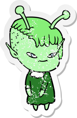 Bir insan tarafından çizilmiş sevimli uzaylı bir kızın sıkıntılı çıkartması.