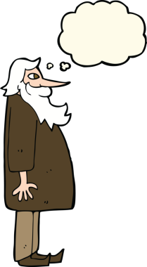 Karikatür sakallı yaşlı adam. Düşünce baloncuğu insan tarafından çizilmiş.