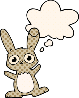 Bir insan tarafından çizilmiş çizgi roman tarzı düşünce baloncuğu olan sevimli çizgi film tavşanı.