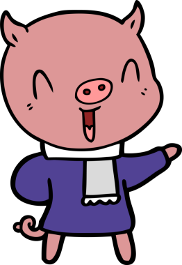 Bir insan tarafından çizilmiş kışın giydirilmiş mutlu domuz çizgi filmi.