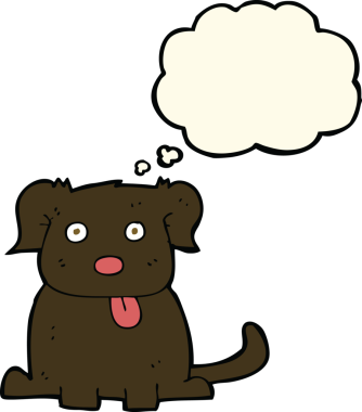 Bir insan tarafından çizilmiş düşünce baloncuklu çizgi film köpeği.