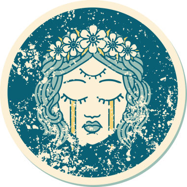 İkonik sıkıntılı dövme stili üçüncü gözü ve bir insan tarafından çizilmiş çiçek taçlı kadın yüzü.