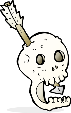 Bir insan tarafından çizilmiş komik bir kafatası ve ok.