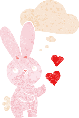 Sevgi dolu karikatür tavşanı. Düşünce baloncuğu ve grunge dertli retro tarzı bir insan tarafından çizilmiş.