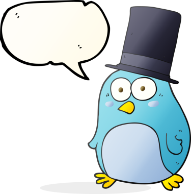 Bir insan tarafından çizilmiş silindir şapkalı serbest konuşma balonu çizgi film kuşu.