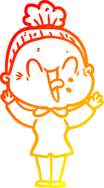 Bir insan tarafından çizilmiş mutlu, yaşlı bir kadının sıcak çizgi çizimi.